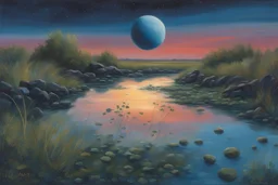 Dark blue sky with one exoplanet in the horizon, rocks, puddle, weeds, sci-fi movies influence, epic, ernest welvaert, and charles leickert impressionism paintings