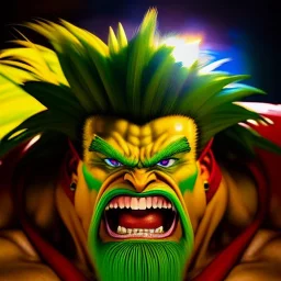 Ultra detailed fullbody Portrait in oil on canvas of Street Fighter- Blanka,extremely detailed digital painting,ultrarealistic skin,intense stare, extremely detailed face, crystal clear eyes, mystical colors ,perfectly centered image, perfect composition, rim light, beautiful lighting,masterpiece ,8k, stunning scene, raytracing, anatomically correct, in the style of Simon Bisley and Ohrai Noriyoshi and robert e howard and Steve Jung and frank frazetta.