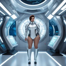 In a futuristic space station medical OBGYN clinic, a unique encounter unfolds. A petite, androgynous male emissary in revealing attire stands in deference to a massive, chubby female ambassador dressed in futuristic sheer silk. The tension between them hints at a taboo desire, adding intrigue to the scene. The visual spectacle challenges norms and expectations, inviting exploration of power dynamics in a world where boundaries are blurred.