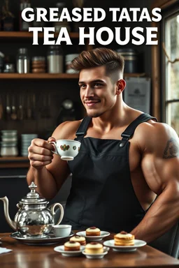 a young mechanic man with huge muscles and his top off enjoying high tea by himshelf with little cakes, with large title( GREASED TATAS TEA HOUSE)