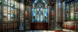 epic, 4k, detailed render, traditional, heritage, chrome, empire, door, stain glass