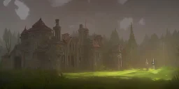 Ruined overgrown small castle in a forest, dynamic lighting, night