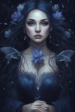 Dark blue hair, Water lilies long hair lotus night Fairy princess rapunzel hair queen crown dragonflies fireflies elven tiara flowers fairy wings gothic dark blue