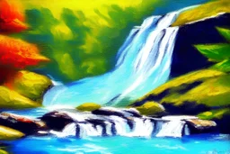 Sunny day, waterfall, rocks, impressionism painting