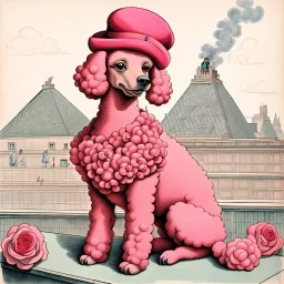 Vintage drawn illustration of a pink pink poodle with roses wearing a beret and smoking a cigarette on the rooftop of the Louvre, french illustration, storybook illustration, aubrey Beardsely, art deco motifs, highly detailed, color pencils, soft, vogue, french cartoon, editorial drawing,