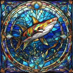 Art Deco style stained glass window of an iridescent Shark, modern futuristic stained glass design, dramatic elaborate design, hyperdetailed, 8k resolution, bright colors, blue hues, 3d liquid detailing, intricate and fluid design,