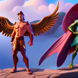 The winged messenger Hermes delivering a message to Zeus but Zeus is a Hydra. Medusa and the Minotaur are fighting in the background. High definition oil painting.