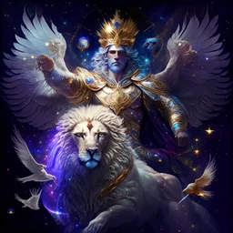 A god-like man with infinite power who holds the galaxies and wears a beautiful crown, a jewel made of diamonds and galaxies with weapons, riding on a lion with an eagle's head and eagle's wings.