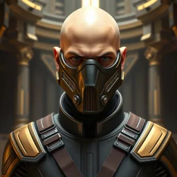 bald male corellian jedi wearing gunmetal grey and black old republic armored flightsuit and breath mask with gold and metallic red trim inside the jedi temple, centered head and shoulders portrait, hyperdetailed, dynamic lighting, hyperdetailed background, 8k resolution, volumetric lighting, light skin, fully symmetric details