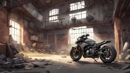 cartoon, abandoned warehouse in the center stands Yamaha R1 tuned motorcycle,warehouse with brick walls, rusty sweat, graffiti, hole in the roof, rays of light, broken windows, stabbed boards, mangled doors, rusty locks, overgrown grass, rusty barrels, huge room, high ceilings, massive columns, concrete floor, cracks, dust, rusty machines, mangled racks, fallen carts, dim lighting, holes in the roof, oppressive atmosphere, silence, echoing footsteps, smoldering barrel, smoke, rusty tools, helmet