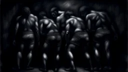 A haunting charcoal drawing capturing bodies in the dark, fat and thin and hunched, with intricate shading and depth