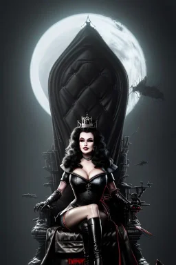 painting of lisa ann as evil queen in black leather, sitting on a throne, leather, angry, stern look, volumetric lighting, particales,highly detailed,cinematic, deep colours,8, highly detailed, digital painting, artstation, concept art, smooth, sharp focus,