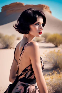 Brunette Thin Caucasian Woman 30yo Black Short Straight Bob Hair, Blush, Beautiful Makeup, in the desert, by Gil Elvgren and Alex Ross and Carne Griffiths