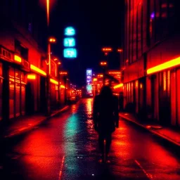 cyborg on wretched city street poignant cyberpunk neon lights rainy atmosphere night time