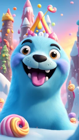 candy crush seal with fire mustache above frozen artic jungle with weird alien towers gets torn apart under him, in the style of Pixar, expertly crafted in a whimsical and vibrant cartoon style. is masterfully rendered in a lifelike 3D design, which captivates viewers with there irresistible charm.