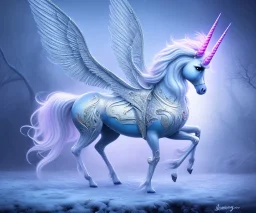 surreal illustration of a colors unicorn on princes frozen ground, realistic, surrealism, surreal unicorn with glowing wings, glowing soft and smooth wings, shadow, abstract surreal fantasy art, highly detailed, intricate patterns on wings, soft studio lighting, smooth dark blue background 64k