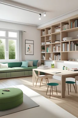 Minimalist playroom and study room for kids with study tables and couch