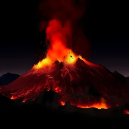 A dark orangish red volcano with spewing fire designed in Lascaux cave paintings painted by Henri-Robert Bresil