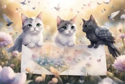 two cute anime chibi cats on either side of the picture looking at a pigeon in the top centre of the picture, flying with an envelope in its mouth in sunshine, flowerfield, watercolor and black ink outlines, ethereal, cinematic postprocessing, bokeh, dof