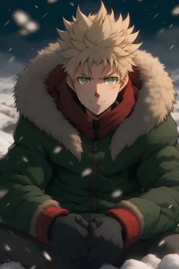 Chico anime al estilo berserk, atractivo y musculoso. Pelo rubio al estilo de bakugo, ojos verdes. Acostado en la nieve serio, con chaqueta negra con pelaje en la capucha abierta y con sueter rojo adentro. (Estetica darkcore)