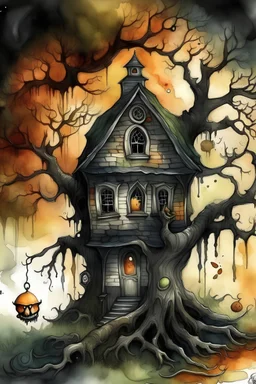 Halloween cover art watercolor biomorphic monstrous haunted Victorian house, pumpkin, spooky tree autumn leaves digital painting high detail high definition crisp quality pencil sketch Sinister horror watercolor Scary creepy Tim Burton surreal heavy metal CAMERON GRAY cree[y