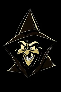 1970s goofy character of a pirate wearing a black hooded cloak, inside a lighter diamond shape on a black background, monochromatic