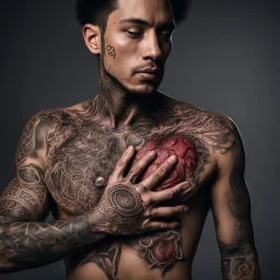 man with light skin with the entire cardiovascular system tattooed, nikon 70mm lens, photo, professional studio photo, very real