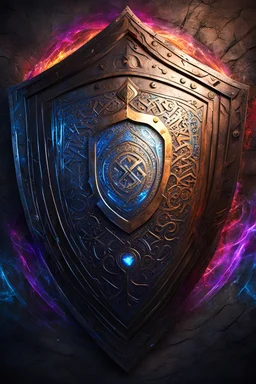 huge shield colorful, runes glowing, back background