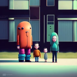 An awkward studio photo of a family, cartoon style Simon Stålenhag