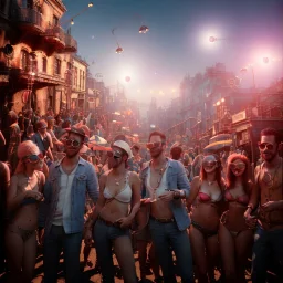 Realistic photo, medium shot view, men, carnival scene, steampunk. Women, Drunken, Sunglasses, smoking, happy, hot. Many people background, highly detailed, concept art, unreal engine 5, ray tracing, RTX, lumen lighting, ultra detail, volumetric lighting, 3d, finely drawn, high definition, high resolution.