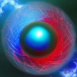 a blue metallic sphere inside a 4d red rotating cube