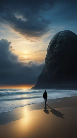 A lone figure walking along a vast, empty beach at sunset, facing a big creature face appeared in a mysterious sky , their silhouette stark against the hyperrealistic sky reminiscent of the work of Halim Ghodbane, with crashing waves rendered in the detail of Jason De Graaf. (combines Halim Ghodbane & Jason De Graaf)