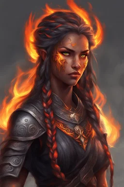 Paladin druid female. Hair is long and bright black . It has some braids and looks like it is on fire. Eyes are noticeably red color, fire reflects. Makes fire with hands. Has a big scar over whole face. Skin color is dark
