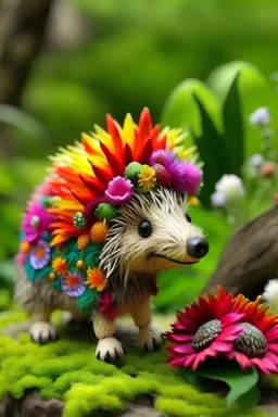 fabric hedgehog toy in Crocs, funny pants, mohawk, clearing, trees, flowers in the background