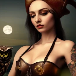 hyper realistic, beautiful russian girl, short black air, green eyes, with owl tatoo, dressed a steampunk pirate, bra with carved leather, Tintoretto ships in background. salvador dalì style. high details, full moon. 4k, unreal engine