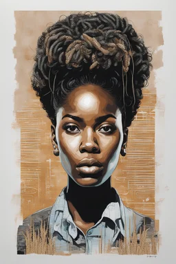 a mixed media portrait of a female african american computer programmer, digital art, screen print, wheat paste poster