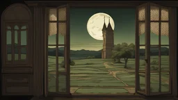 Night perspective: On the right side are three very detailed, luxurious, elegant windows with solid, neat and thick lattice workmanship. The curtains are open, the windows are closed, and the wall under the windows is dark brown. Outside the window is a green, slightly higher grassland, which looks dim but beautiful under the moonlight at night. Inside the window is a warm and comfortable room with dim light and a pink carpet under the bed on the old wood grain floor. On the left side of the roo