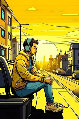 Full body illustration of a young man pensive while listening to music with headphones by a yellow car on the west coast of the United States. In the background is a distant cityscape and an old apartment building. The city is illuminated by the sunset, creating an overall nostalgic and emotional atmosphere. Cartoonish art style with lots of detail.