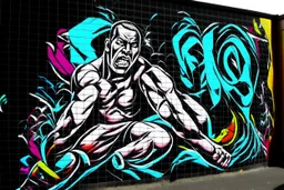 a wrestling graffiti mural wall with the word cell shading style