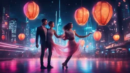 Hyper Realistic romantic handsome couple dance in Futuristic City with neon lights & Sky Lanterns at dark night