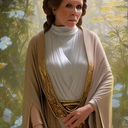 hyperspace background, complete and photo realistic detailed head to waist stunning photo realistic portrait of carrie fisher as Princess Leia in star wars with photo realistic updo hair by Mandy Jurgens and mucha and Richard Schmid and chuck close and chie yoshii, extraordinary and detailed ceremony dress of star wars,brown eyes