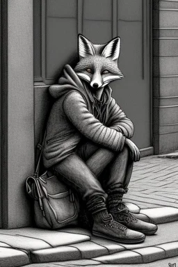 One single mature homeless fox with worn out clothes, sitting in a corner on the street, guitar standing on the left side, Vienna, mourning, model style, hyper realistic, extremely accurate, delicate, extremely detailed, Graphic novel style, wide-angle, open aperture, superfine pencil