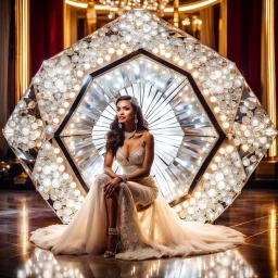 very beautiful fachion lady sitting inside a very big fantezy diamond wearing nice bride, lights reflecting on diamod and her jewels