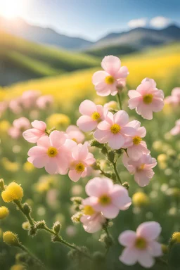 Clear and delicate photographs, peach blossoms and rape flowers in full bloom. Spring, sunny day. Very detailed flowers detail sky 8k wallpaper flowers depth of field blossom movie lighting wallpaper colorful very high resolution realistic photo landscape spring summer flower field good day on the mountain
