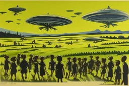 bumper sticker design, westall in bold heading text, ufo 1966, lots of school children looking up in a field, mysterious cool, bold