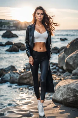 fullbody close up shot of young-beautiful-girl-with-a-perfect-face rocky beach in modern city calm sea