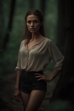 8k portrait of an enchanting, open blouse, beautiful, young woman, tight shirt, looking to the camera, in forest, messy bun, dark brown hear, realistic photo, full font of body, photograph like photo, height detail photo, hips to face body, model, average size, scandinavian, breathtaking woman, smooth hair elegantly, natural beauty, gentle shadows and highlights, outside, super sharp focus