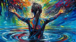 a woman standing in a pool of water. The woman is facing away from the viewer, with her body slightly turned to the side. She is standing with her arms stretched out to the sides, as if she is embracing the water. Her head is tilted slightly to the left, and her hair is pulled back in a bun. The background is filled with a colorful, abstract pattern of triangles in various shades of blue, green, yellow, and orange. The overall mood is surreal and dreamlike.