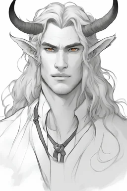 A dnd character portrait, a tiefling man with long hair and two long black horns that curve backwards, white eyes and pale skin. Handsome. Young.