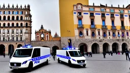 A police Tesla Cybertruck is chasing a Tesla 'Model S Plaid' at top speed, across the 'Plaza de la Constitución', in the city of Mexico. CINEMATIC. WIDE ANGLE LENS. PHOTO REAL.